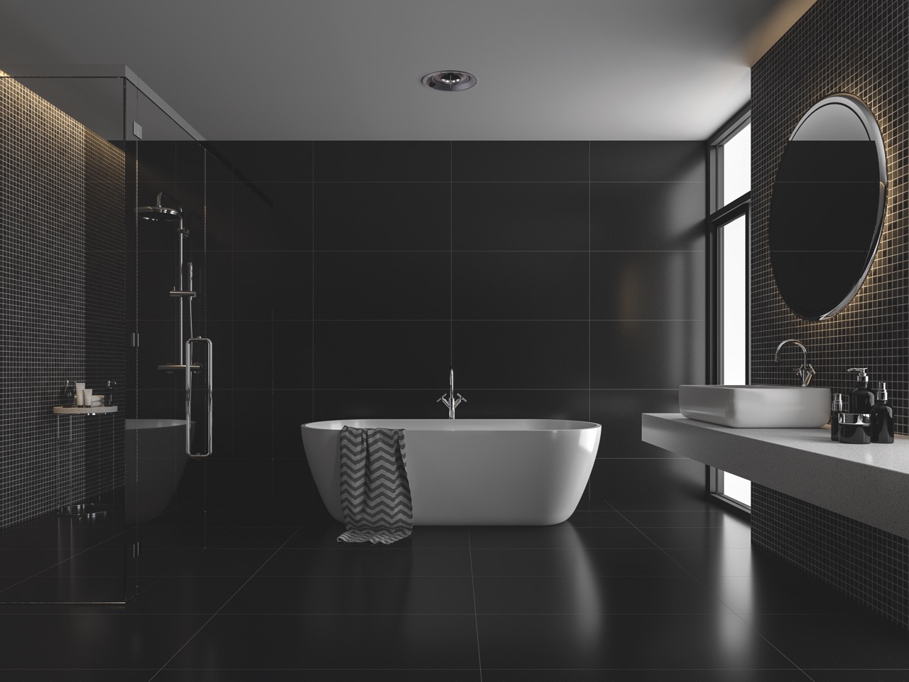 Modern luxury black bathroom 3d renderThe room has black tile floor and black mosaic wall a clear glass shower partitionThere are large windows nature light shining in to the room - Enigma High Fidelity Audio Focal ozvučenie obchodných priestorov a interiérov