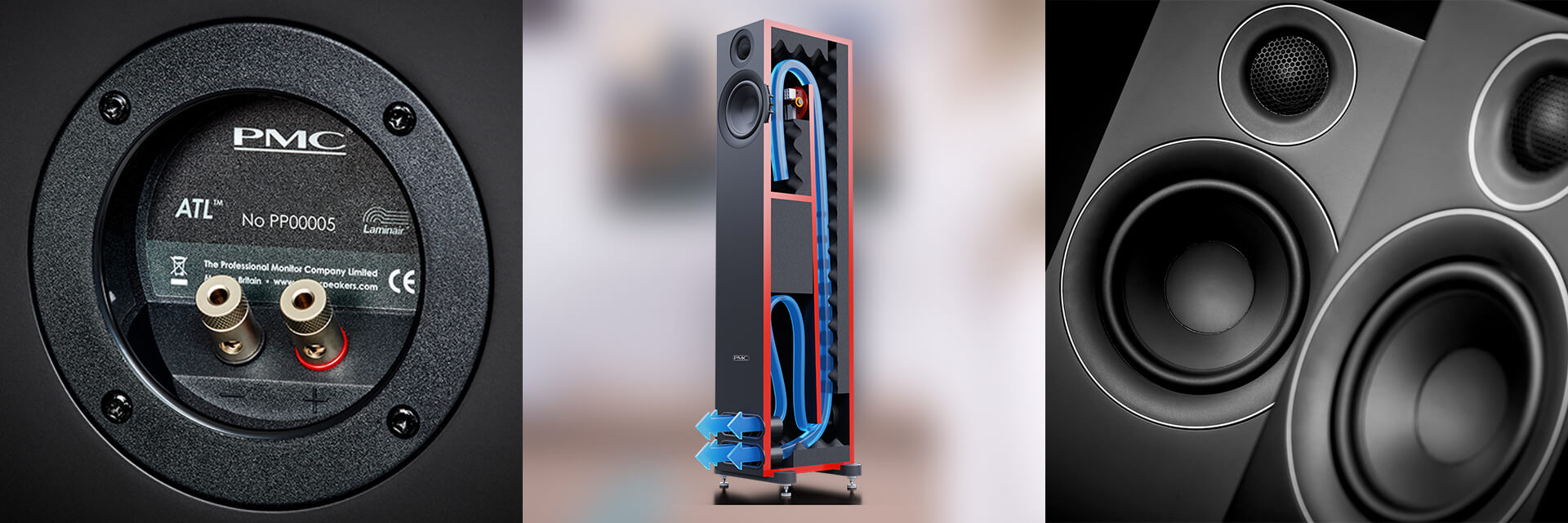 pmc-prodigy5-cierna-popis-transmission-line-system - Enigma High Fidelity Audio PMC prodigy5 koláž detailov reproduktora
