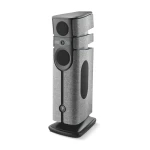 Tall gray floor-standing speaker with multiple drivers and fabric grilles viewed from the side/front.