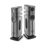 Pair of tall floor-standing speakers with gray fabric grilles and multiple drivers in dark enclosures.