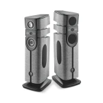 Pair of tall floor-standing speakers with gray fabric grilles and multiple drivers in dark enclosures.