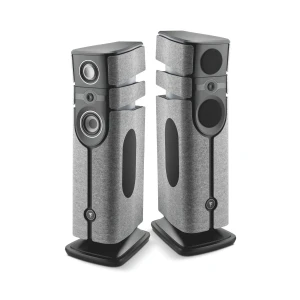 Pair of tall floor-standing speakers with gray fabric grilles and multiple drivers in dark enclosures.