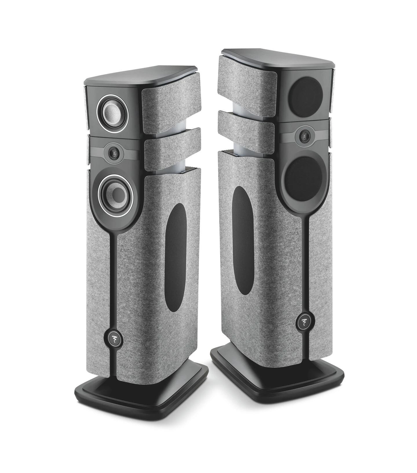 Pair of tall floor-standing speakers with gray fabric grilles and multiple drivers in dark enclosures.