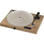 Wooden vinyl record turntable with a silver platter, black tonearm and cartridge on the right, and a small display window on the front panel.