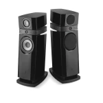 Pair of tall black floorstanding speakers with silver drivers against a white background, showing a two-speaker setup for hi-fi audio.
