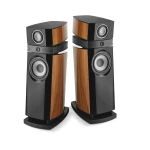 Pair of tall floor-standing speakers with black glossy cabinets and wood veneer side panels, set side by side for stereo listening.