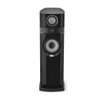 Black floor-standing speaker with a large woofer near the bottom and a smaller driver above, glossy black finish, on a rounded base.