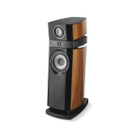 Tall floor-standing speaker with black lacquered cabinet and natural wood side panels, featuring silver drivers and a curved base.