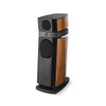 High-end floor-standing speaker with wood veneer panels and a glossy black finish, shown in a two-box design on a stand