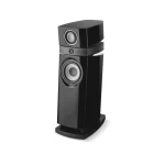 Tall black floor-standing speaker with a separate tweeter on top and a large woofer at the bottom, modern audio setup (Focal branding)