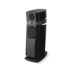 Tall black floor-standing speaker with two large circular drivers and a glossy finish, on a curved base.