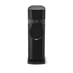 Tall black floor-standing hi-fi speaker with two circular drivers and a glossy cabinet, mounted on a sturdy base