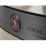Close-up of a circular lattice speaker grille with red interior, set in a matte gray panel marked FOCAL (product detail).