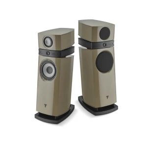 Pair of beige floor-standing hi-fi speakers with black driver cones, shown from the front-right side on white background.