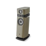 Tall beige floor-standing speaker with a large bottom woofer and a smaller driver above, mounted on a black curved base.