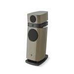 Beige floor-standing speaker system with two large black drivers, a slim center section, and a curved black base.