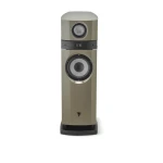 Beige floor-standing loudspeaker with a large circular woofer, a smaller top driver, and a black base on white background.