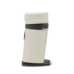 Beige floor-standing speaker tower with a dark midsection on a rounded black base, angled to the side.