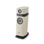 Cream-colored floorstanding stereo speaker with a large bottom woofer and a smaller top driver, mounted on a black pedestal base.