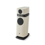Cream-colored three-piece floor-standing speaker system with a small top speaker, mid module, and a large bottom cabinet on a black curved base (Focal branding).