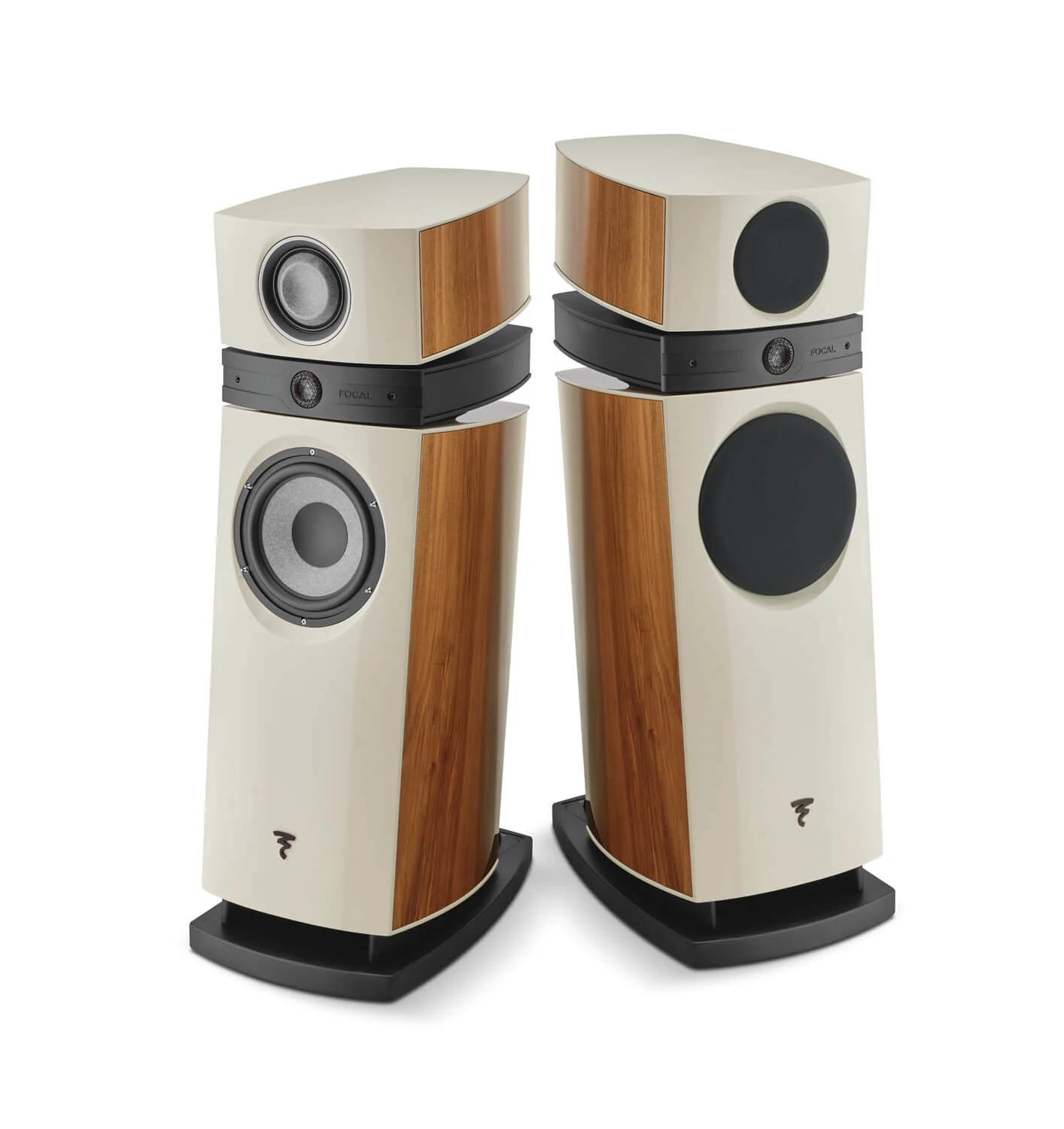 focal-scala-utopia-evo-m-smotanova-leskla-orech - Enigma High Fidelity Audio Pair of cream and wood veneer floor-standing speakers with black bases.