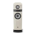 Cream-colored floor-standing loudspeaker with a top tweeter and large woofer, mounted on a black base.