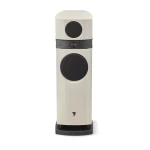 Tall cream floor-standing speaker with two large black drivers and a small top unit; visible brand logo near base.