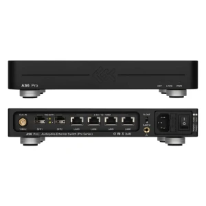Rear view of AS6 Pro audiophile Ethernet switch with LAN ports, SFP slots, and power inputs on the back panel.