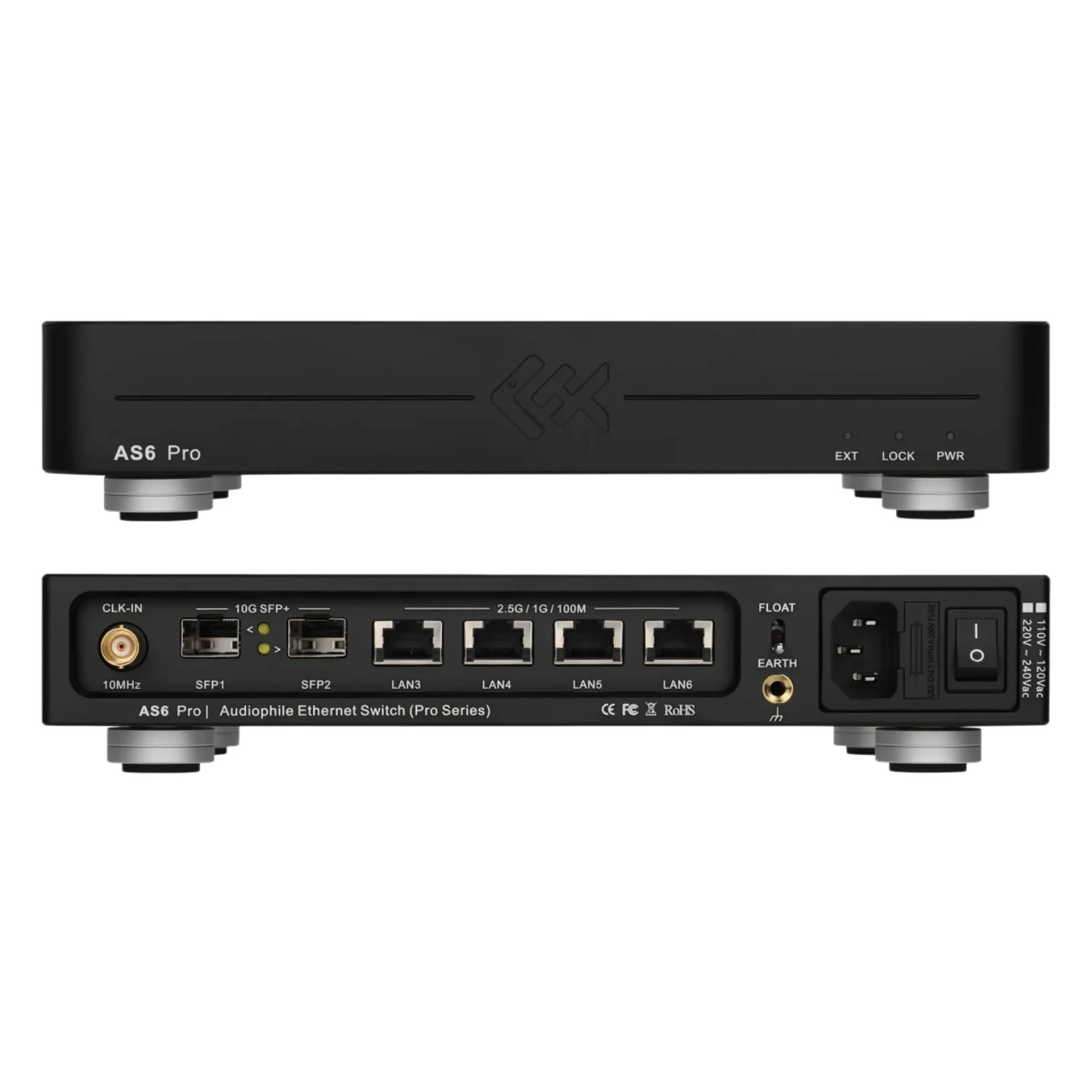 lhy-audio-as6-pro-cierna - Enigma High Fidelity Audio Rear view of AS6 Pro audiophile Ethernet switch with LAN ports, SFP slots, and power inputs on the back panel.