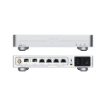 Rear and bottom view of an AS6 Pro audiophile Ethernet switch showing multiple LAN ports, SFP slots, and the power input panel.