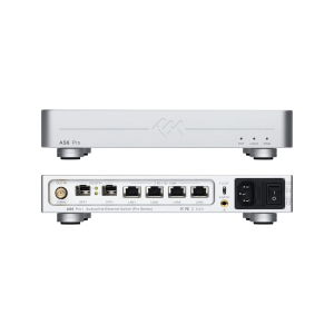 Rear and bottom view of an AS6 Pro audiophile Ethernet switch showing multiple LAN ports, SFP slots, and the power input panel.
