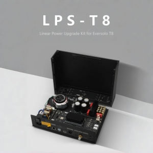 Open case displaying the LPS-T8 Linear Power Upgrade Kit internals with circuit boards, capacitors, and wiring visible inside a black chassis.