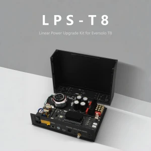 Open case displaying the LPS-T8 Linear Power Upgrade Kit internals with circuit boards, capacitors, and wiring visible inside a black chassis.