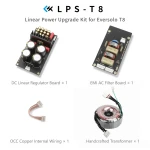 Product grid showing kit components for Linear Power Upgrade Kit for Eversolo T8, including DC linear regulator board and EMI AC filter board images