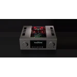 Silver stereo amplifier with the top opened to reveal red-lit circuit boards inside the chassis; front display shows 'Across the Star'.