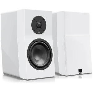 Pair of white high‑fidelity speakers with black woofer and tweeter drivers on a reflective surface, shown from the front.