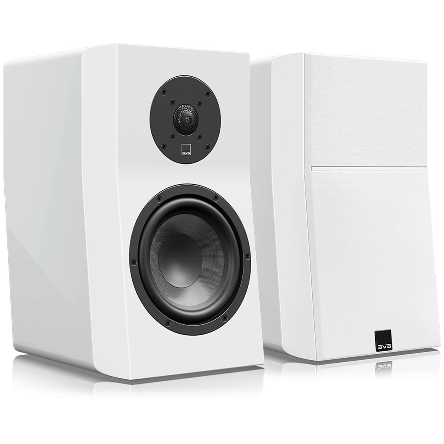 svs-ultra-evolution-bookshelf-biely-lak - Enigma High Fidelity Audio Pair of white high‑fidelity speakers with black woofer and tweeter drivers on a reflective surface, shown from the front.