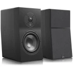Pair of black bookshelf speakers with a large woofer and a circular tweeter on the front, wood-grain finish, shown on a reflective surface.
