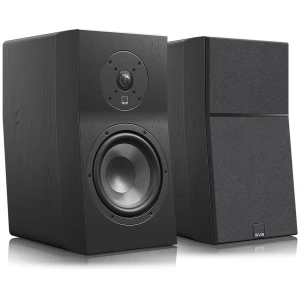 Pair of black bookshelf speakers with a large woofer and a circular tweeter on the front, wood-grain finish, shown on a reflective surface.