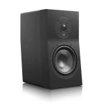 Black floor-standing speaker with wood grain finish and two drivers: a circular tweeter above a large woofer, mounted on a white background with subtle reflection.