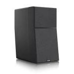 Tall black floor-standing speaker with a fabric front and wood-textured side panel.