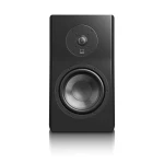 Tall black floor-standing speaker with a large woofer and circular driver on the front panel.