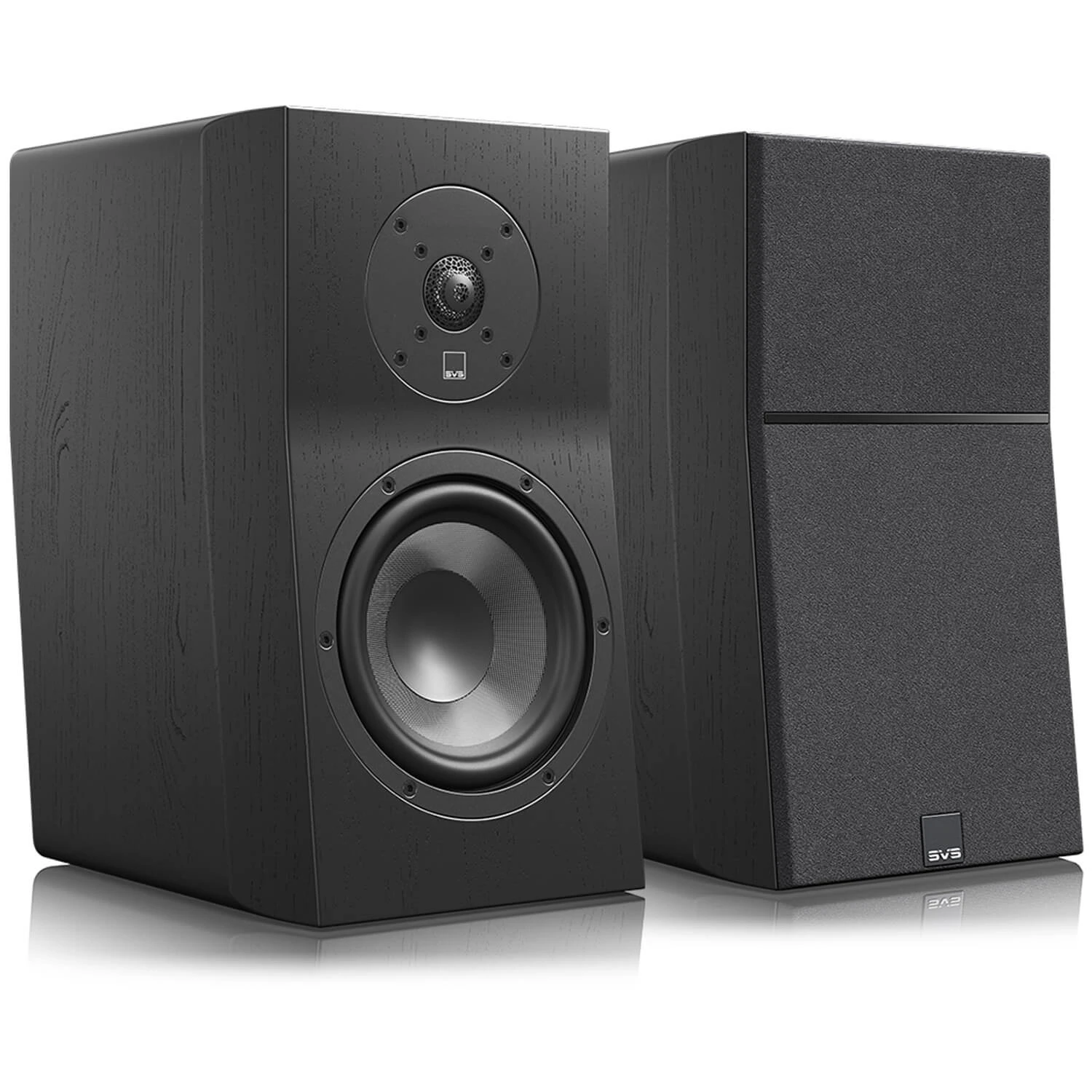 svs-ultra-evolution-bookshelf-cierny-dub - Enigma High Fidelity Audio Pair of black bookshelf speakers with a large woofer and a circular tweeter on the front, wood-grain finish, shown on a reflective surface.