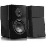 Pair of black bookshelf speakers, one with visible woofer and tweeter on the front, the other with a fabric grille.