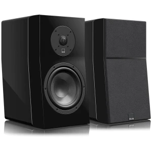 Pair of black bookshelf speakers, one with visible woofer and tweeter on the front, the other with a fabric grille.