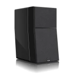 Black computer tower with a glossy left panel and textured front, standing on a reflective surface.