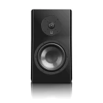 Tall black vertical speaker with a large circular woofer near the bottom and a smaller circular driver above it, on a glossy cabinet surface.