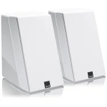 Pair of white bookshelf speakers standing side by side with textured grills and small black SVS logo at the bottom