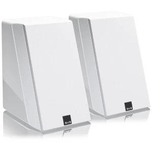 Pair of white bookshelf speakers standing side by side with textured grills and small black SVS logo at the bottom