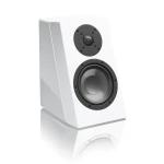 White bookshelf speaker with a large woofer and a smaller tweeter on the front panel